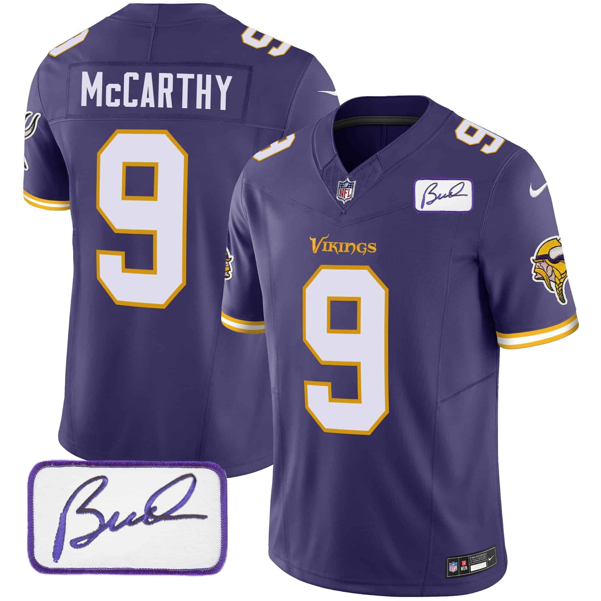 Men Minnesota Vikings #9 Mccarthy Purple 2024 Nike Bud Grant Patch Classic Limited NFL Jersey style 1->indianapolis colts->NFL Jersey